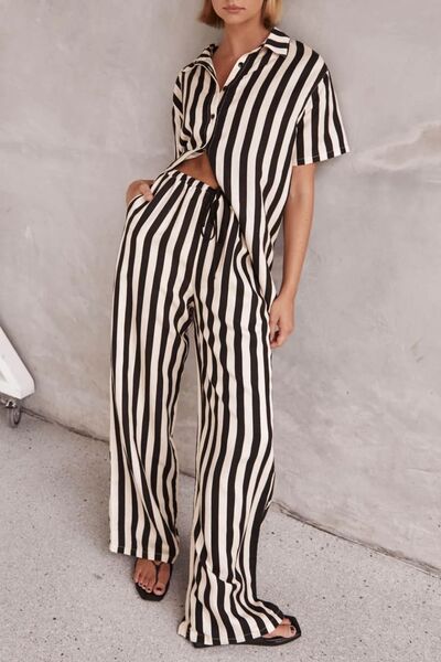 Striped Collared Neck Half Sleeve Top and Pants Set.