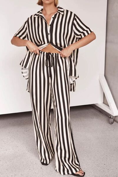 Striped Collared Neck Half Sleeve Top and Pants Set.