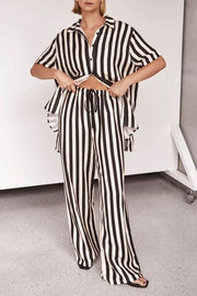 Striped Collared Neck Half Sleeve Top and Pants Set.