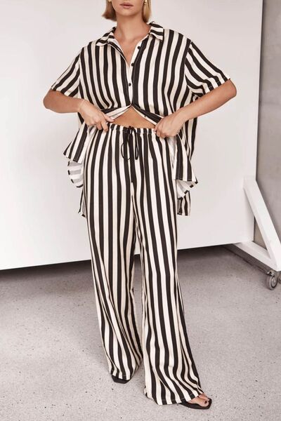 Striped Collared Neck Half Sleeve Top and Pants Set.
