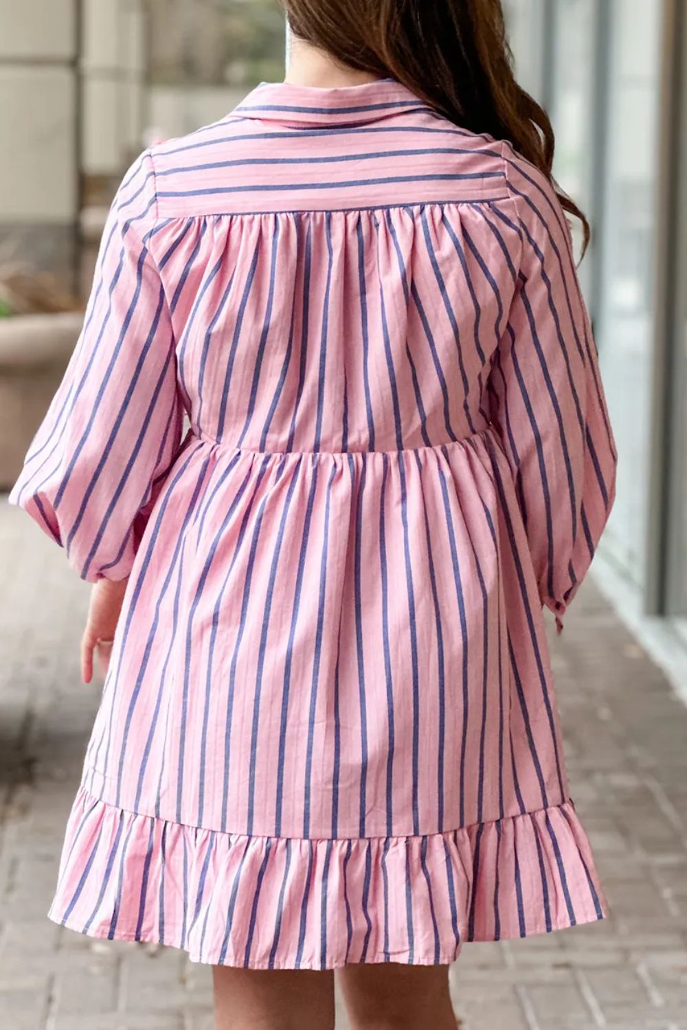 Striped Collared Neck Long Sleeve Mini Shirt Dress.