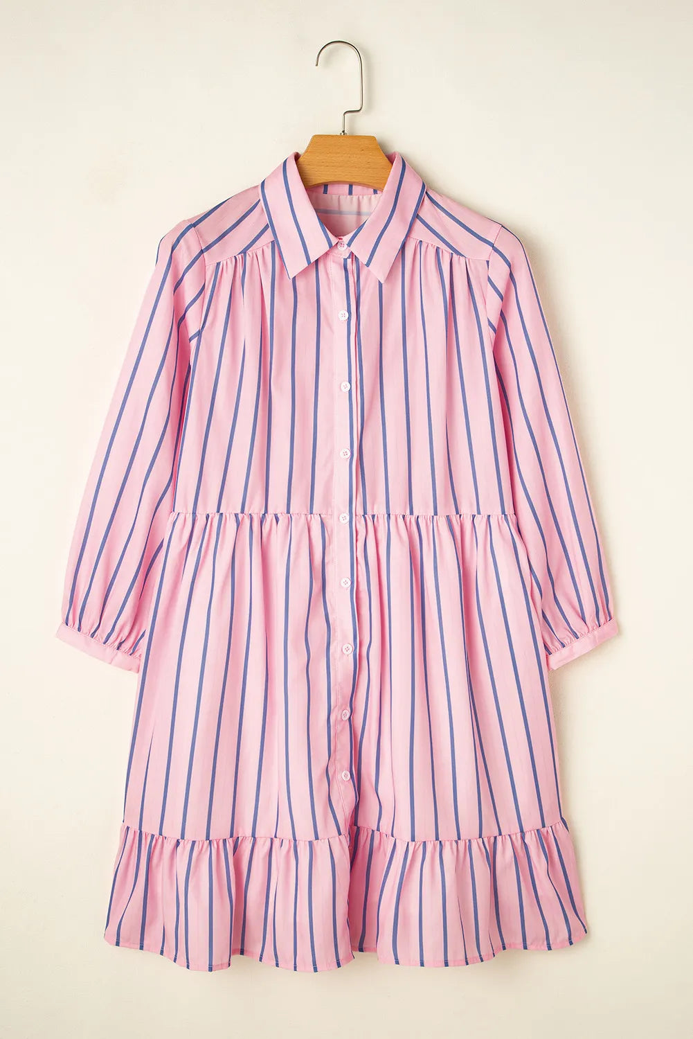 Striped Collared Neck Long Sleeve Mini Shirt Dress.
