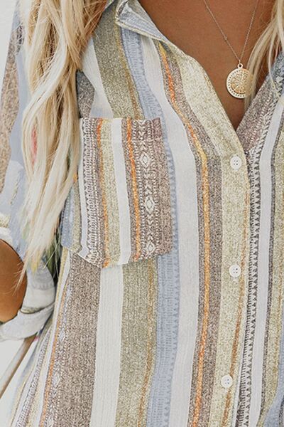 Striped Collared Neck Long Sleeve Shirt.