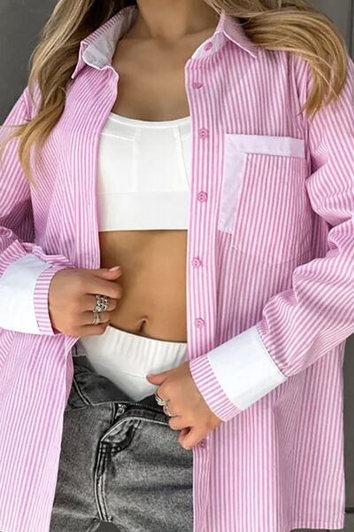 Striped Collared Neck Long Sleeve Shirt.