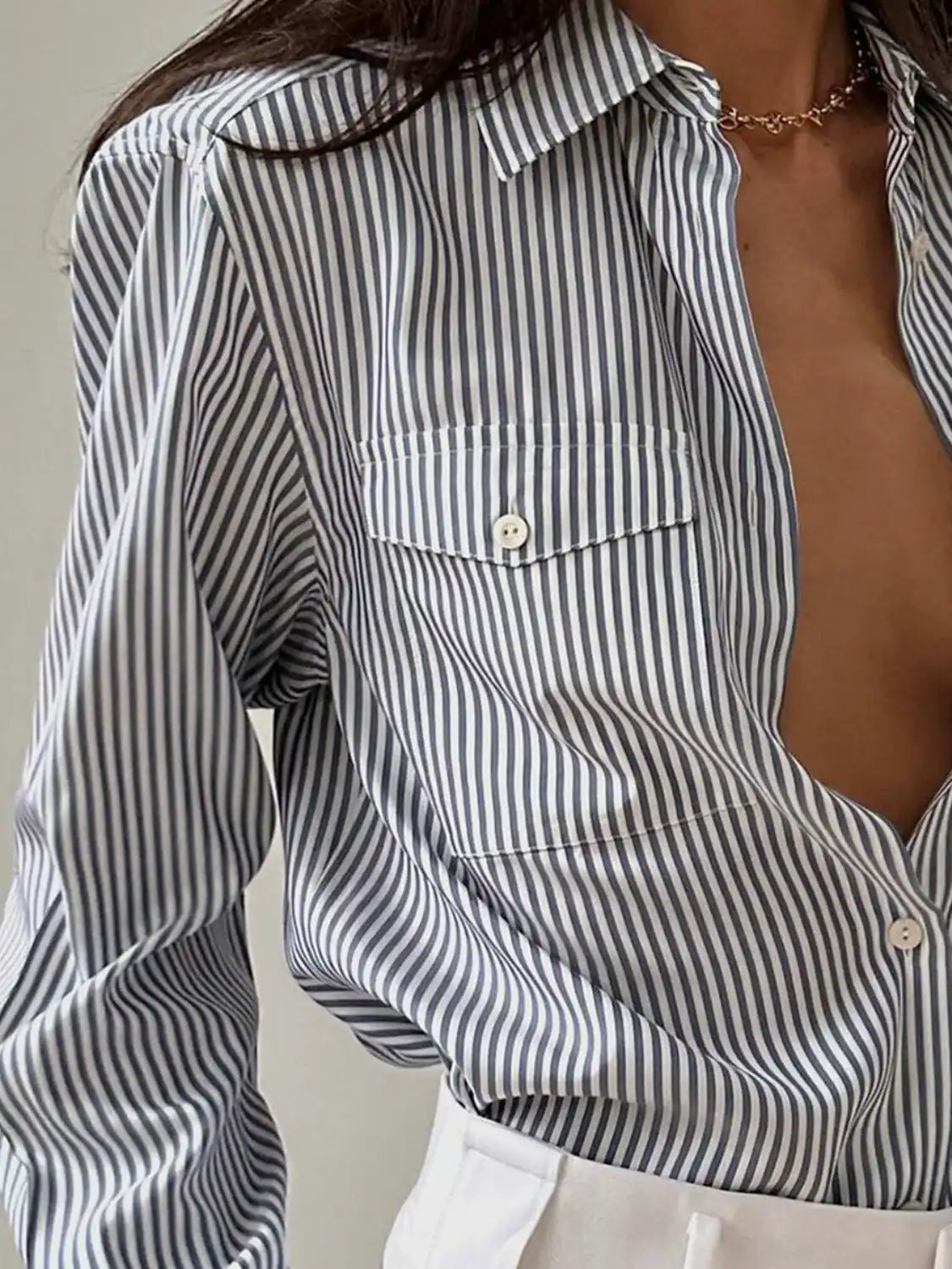 Devine Striped Collared Neck Long Sleeve Shirt.