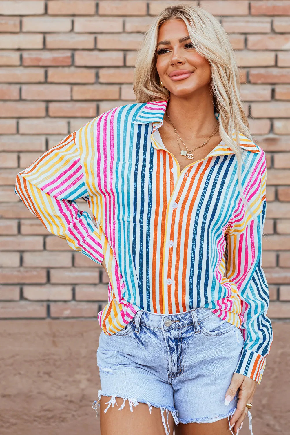 Striped Collared Neck Long Sleeve Shirt.