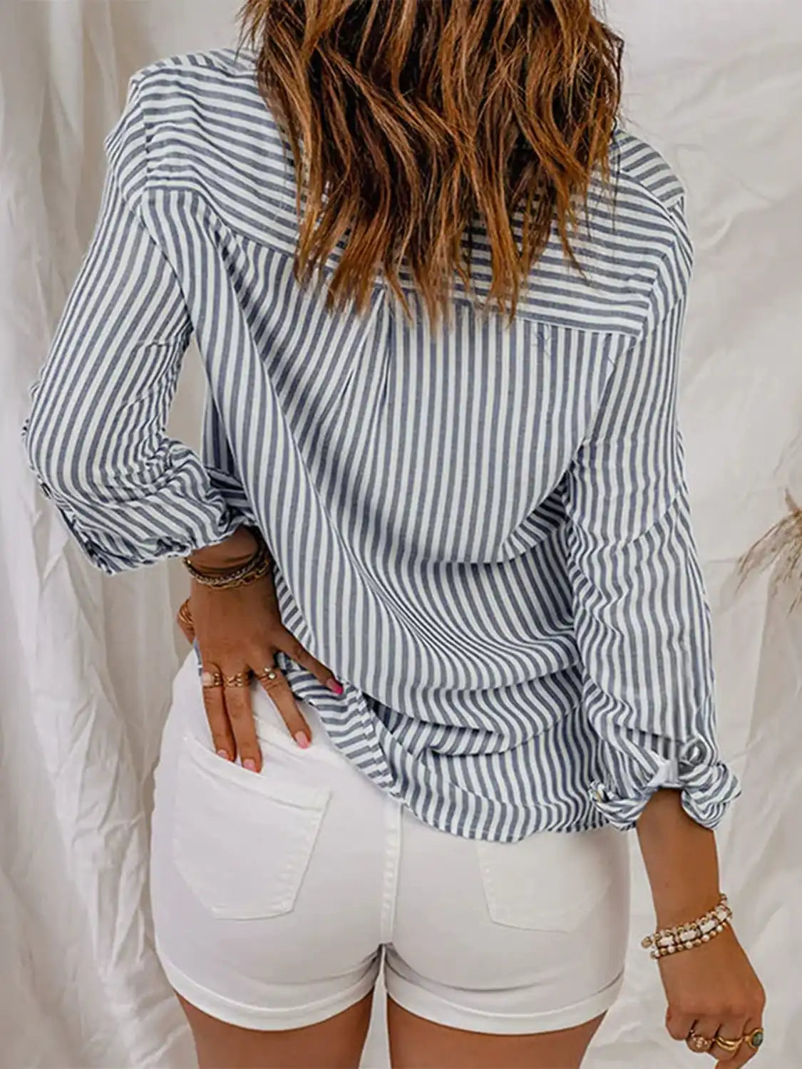 Devine Striped Collared Neck Long Sleeve Shirt.