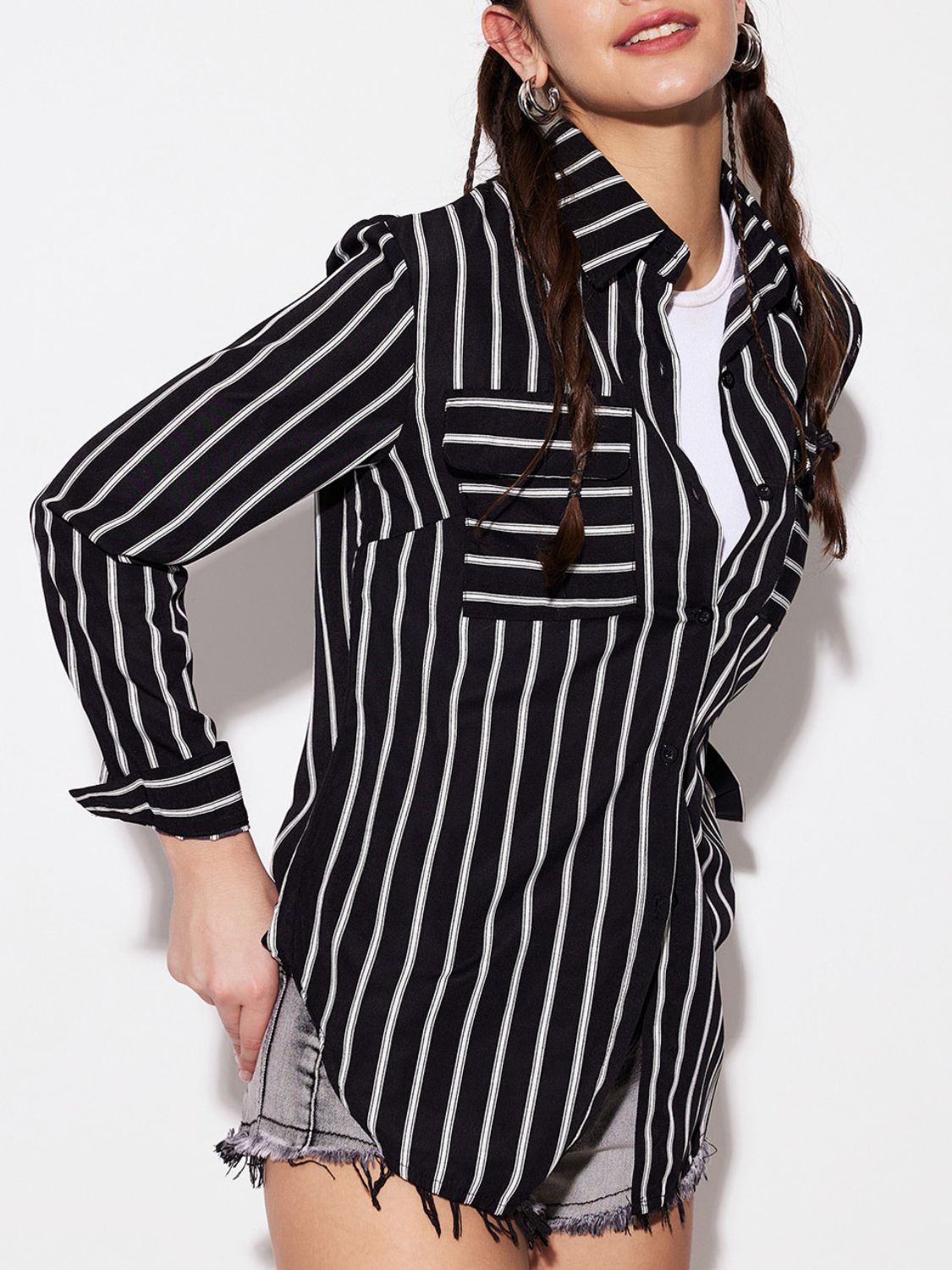 Striped Collared Neck Long Sleeve Shirt.