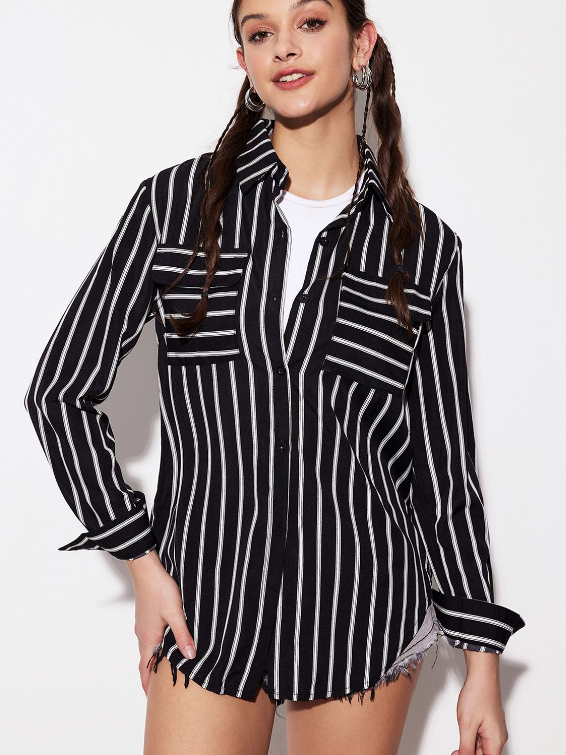 Striped Collared Neck Long Sleeve Shirt.