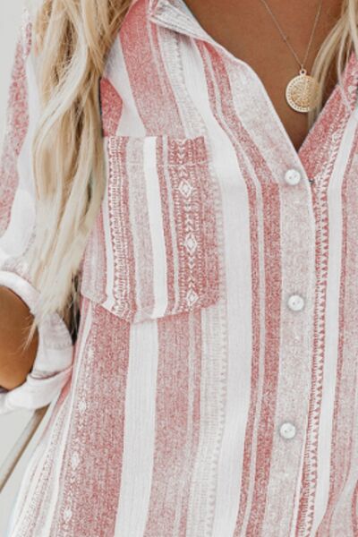 Striped Collared Neck Long Sleeve Shirt.
