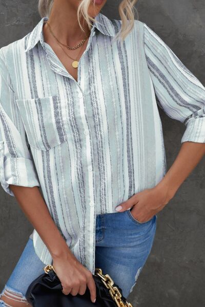 Striped Collared Neck Long Sleeve Shirt.