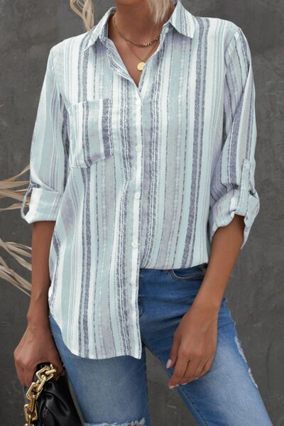 Striped Collared Neck Long Sleeve Shirt.