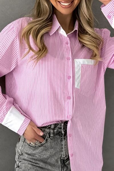Striped Collared Neck Long Sleeve Shirt.