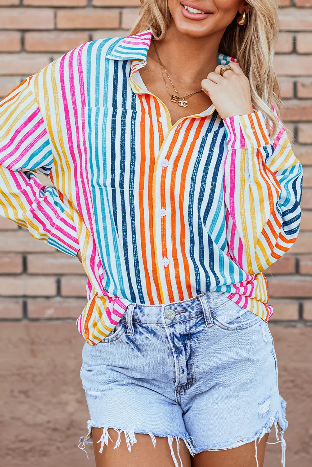 Striped Collared Neck Long Sleeve Shirt.