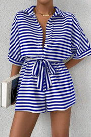 Striped Collared Neck Tie Waist Romper