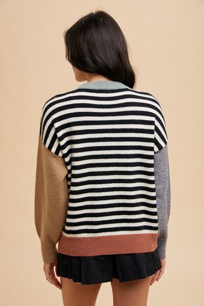 Annie Wear Striped Color Block Round Neck Sweater.