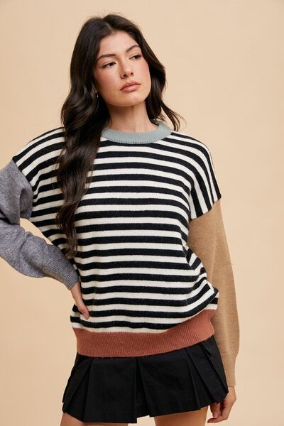 Annie Wear Striped Color Block Round Neck Sweater.
