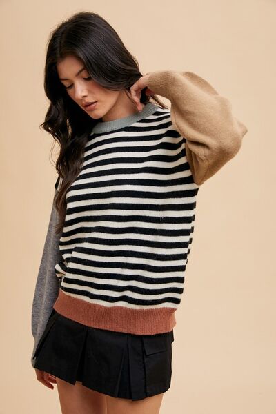 Annie Wear Striped Color Block Round Neck Sweater.