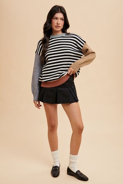 Annie Wear Striped Color Block Round Neck Sweater.