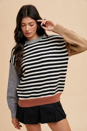 Annie Wear Striped Color Block Round Neck Sweater.