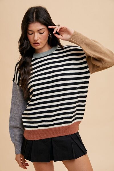 Annie Wear Striped Color Block Round Neck Sweater.