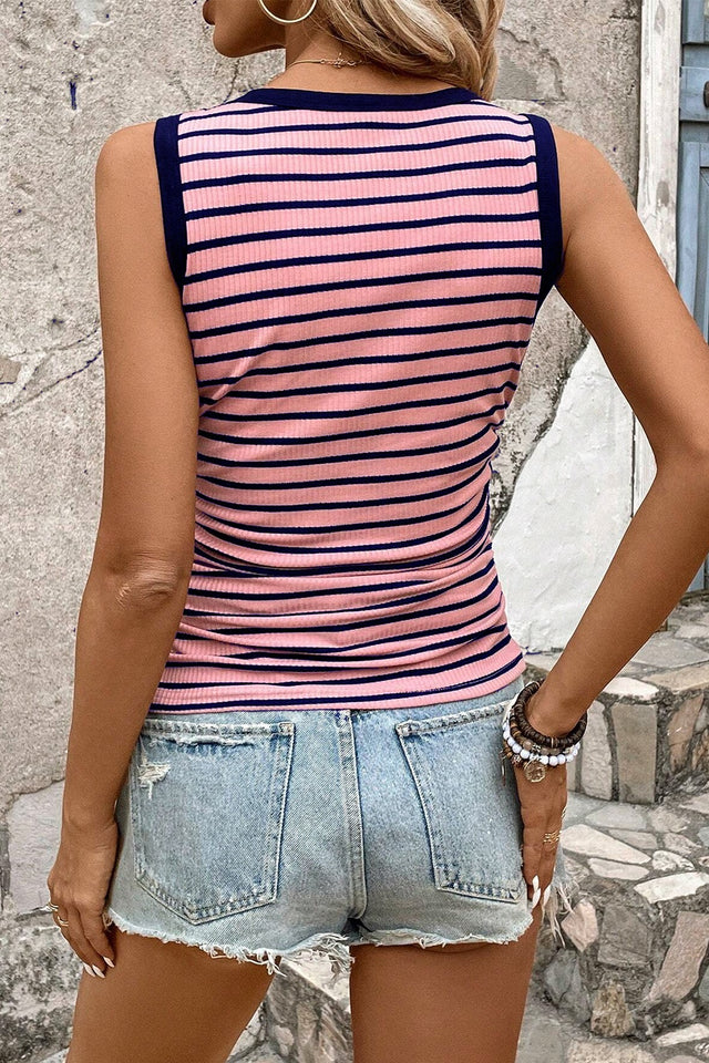 Striped contrast round neck tank, opaque and slightly stretchy.