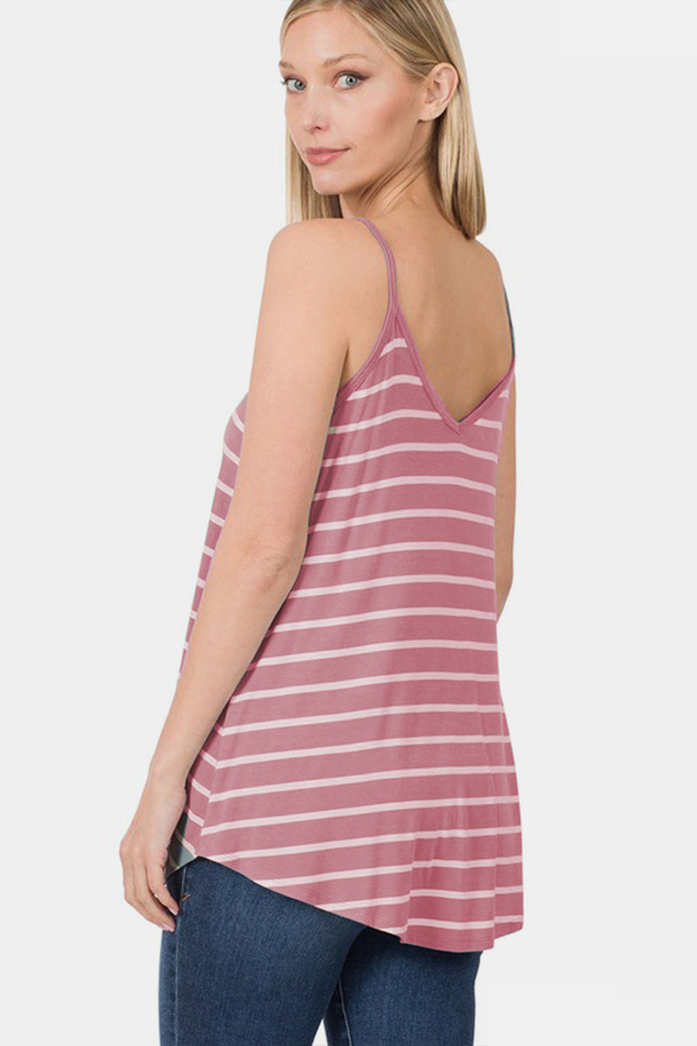 Striped curved hem cami, opaque and slightly stretchy.