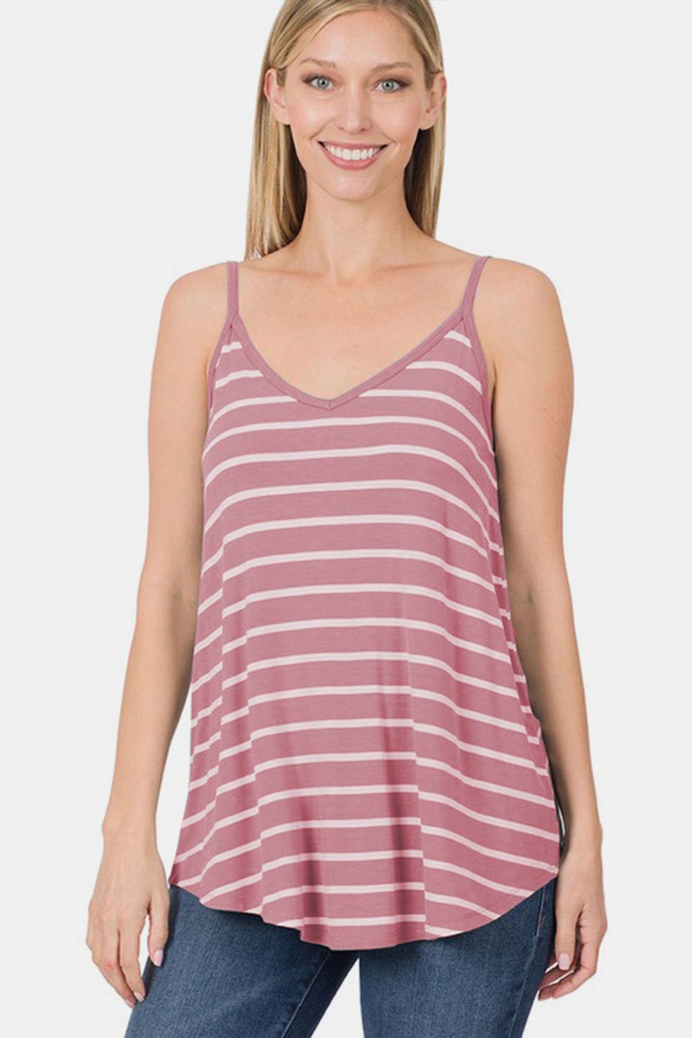 Striped curved hem cami, opaque and slightly stretchy.