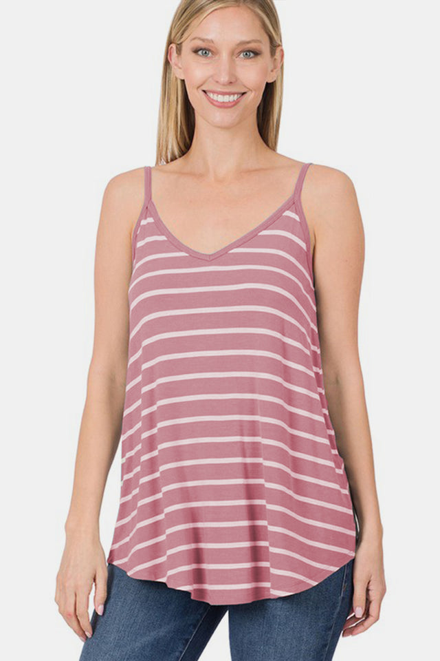 Striped curved hem cami, opaque and slightly stretchy.