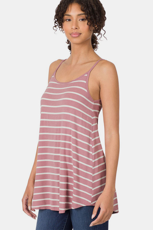 Striped curved hem cami, opaque and slightly stretchy.