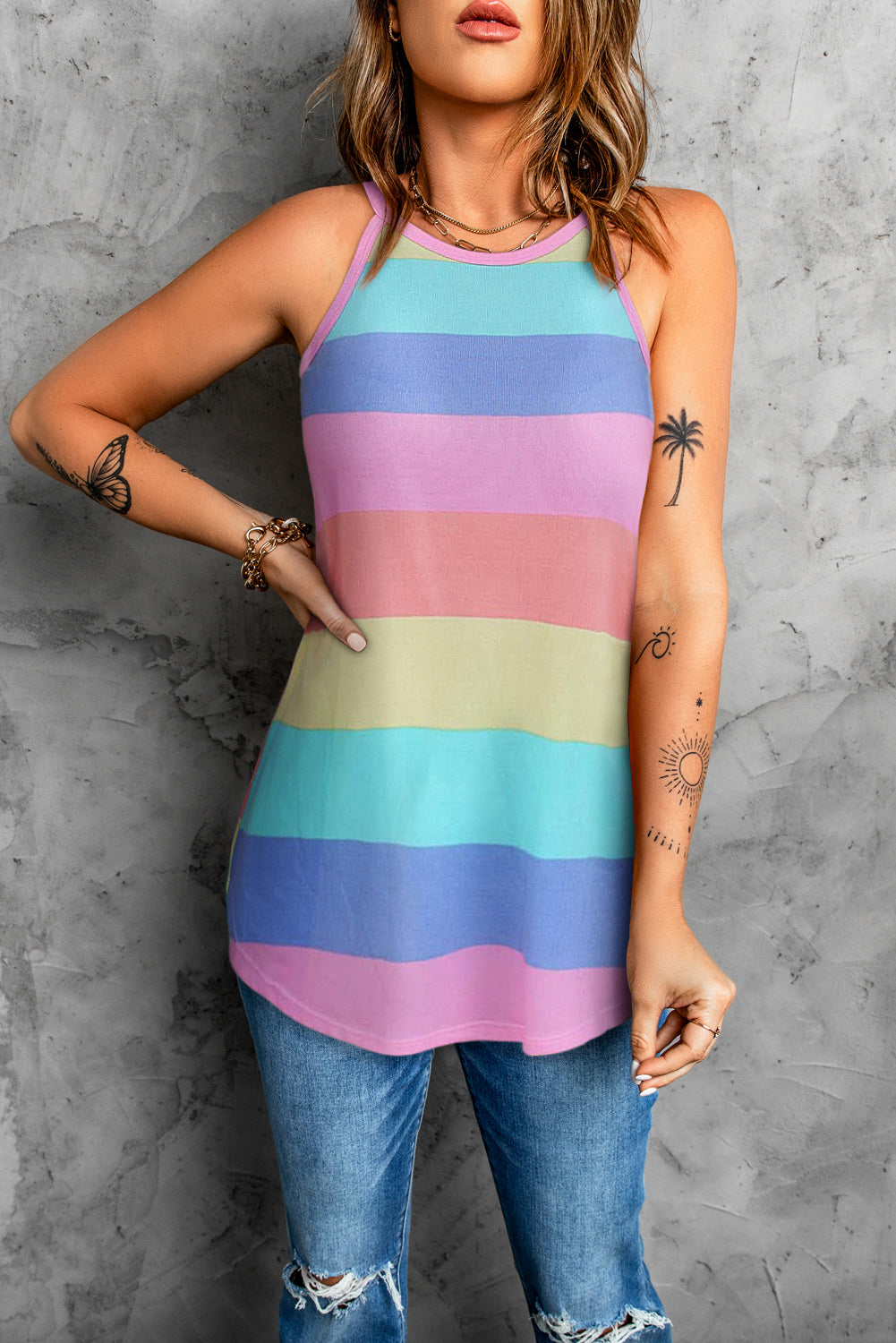 Striped curved hem tank with spaghetti straps, slightly stretchy.