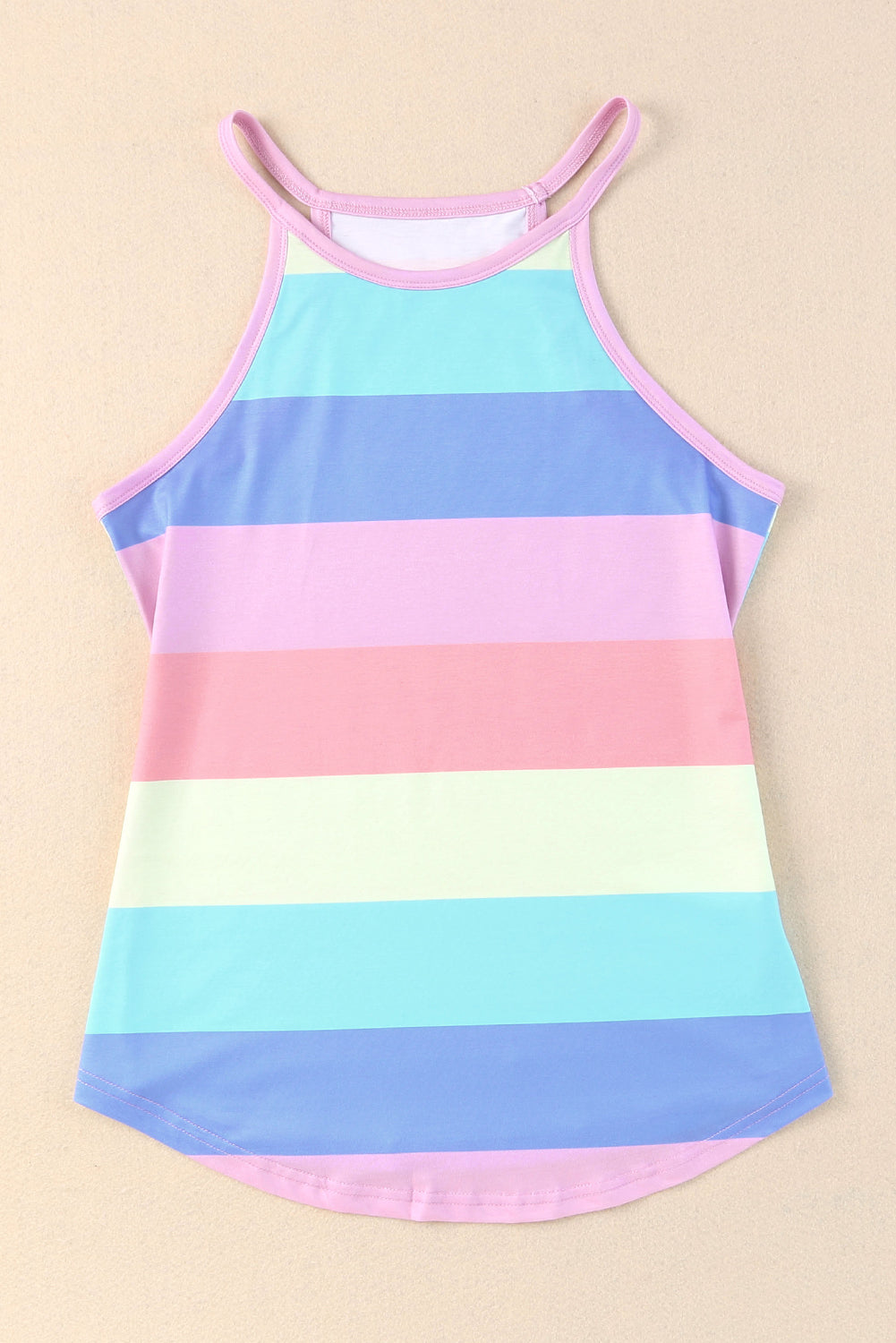 Striped curved hem tank with spaghetti straps, slightly stretchy.
