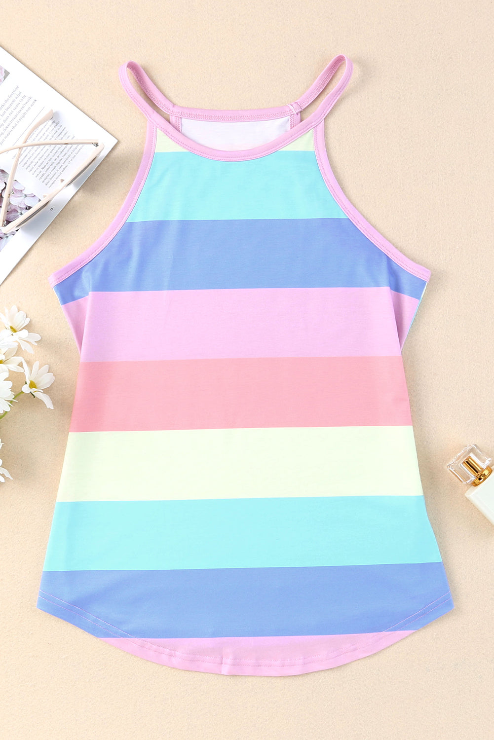 Striped curved hem tank with spaghetti straps, slightly stretchy.