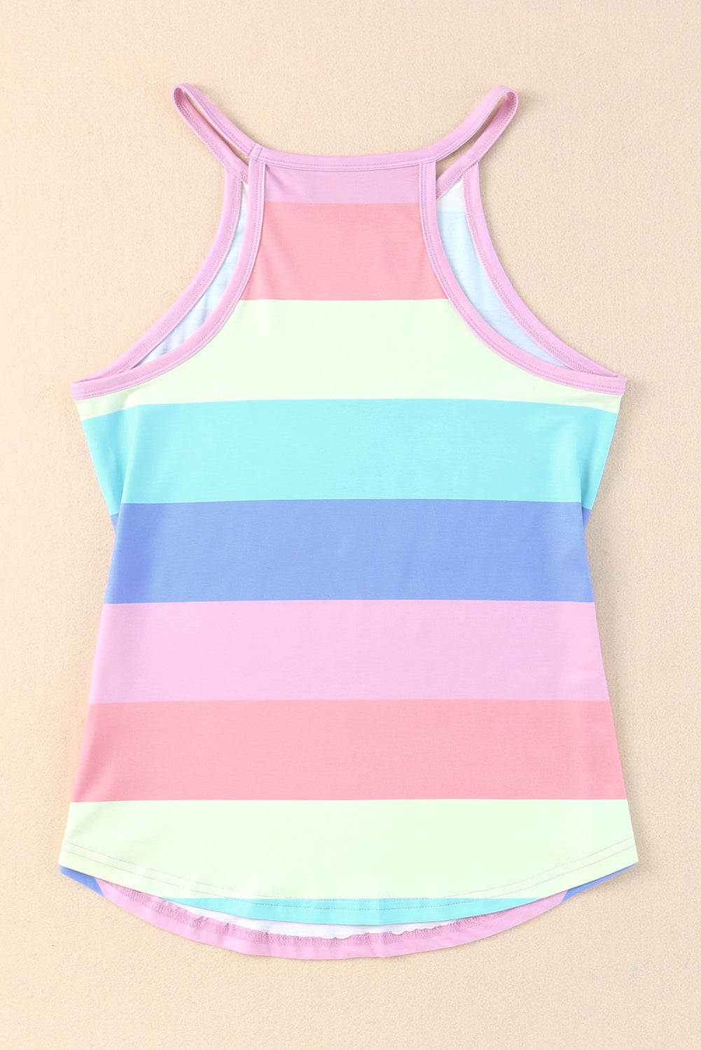 Striped curved hem tank with spaghetti straps, slightly stretchy.