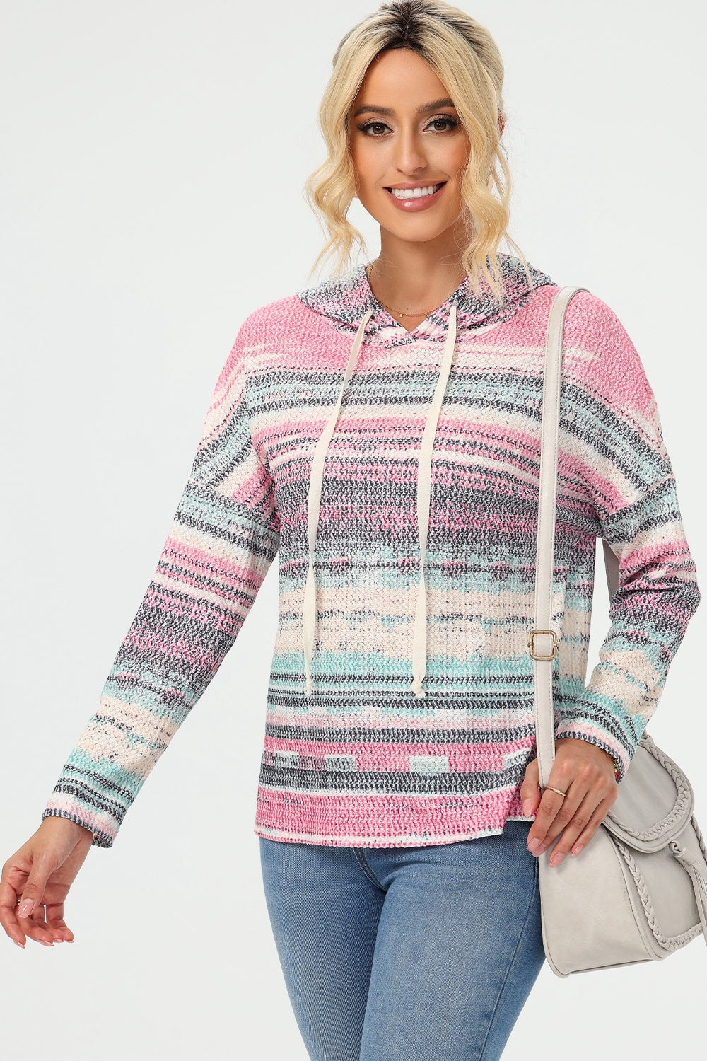 Striped drawstring long sleeve hoodie.