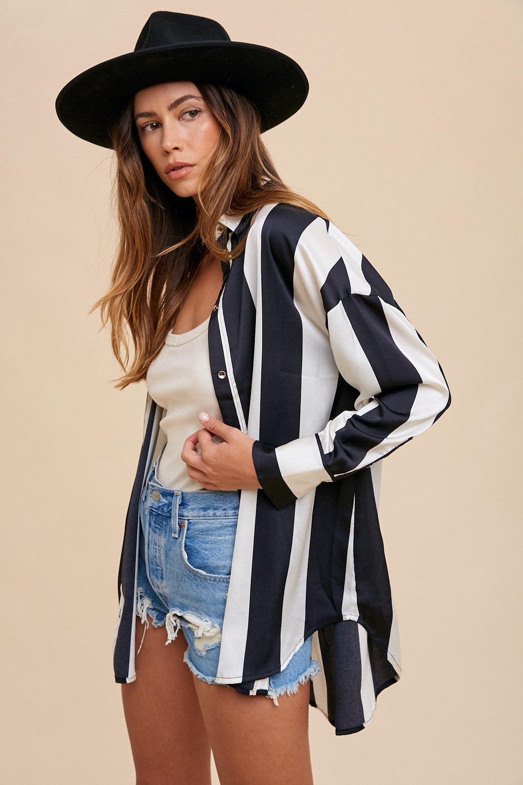 Annie Wear Striped Dropped Shoulder Button Up Shirt.