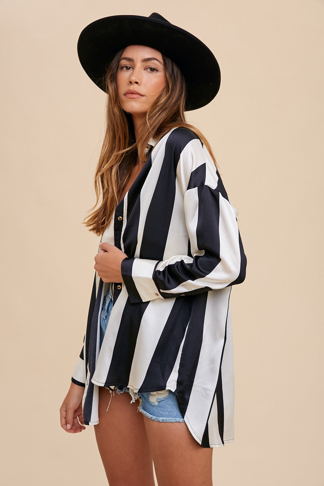 Annie Wear Striped Dropped Shoulder Button Up Shirt.