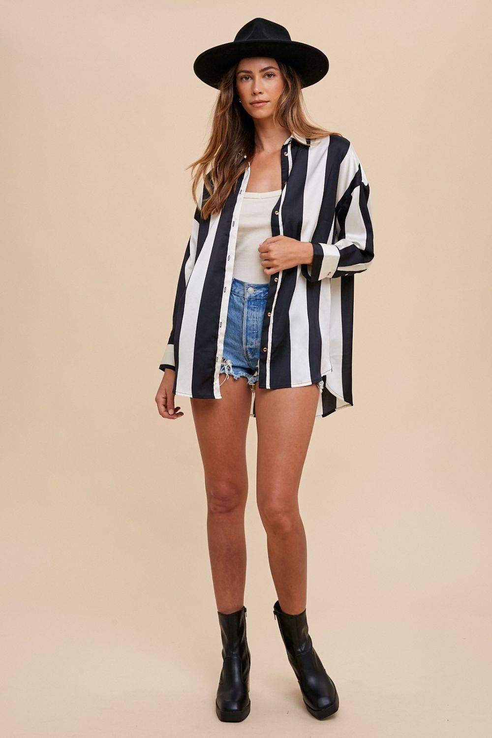 Annie Wear Striped Dropped Shoulder Button Up Shirt.