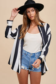 Annie Wear Striped Dropped Shoulder Button Up Shirt.