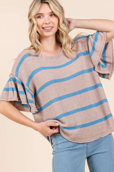 Mittoshop Striped Flounce Sleeve Knit Top.