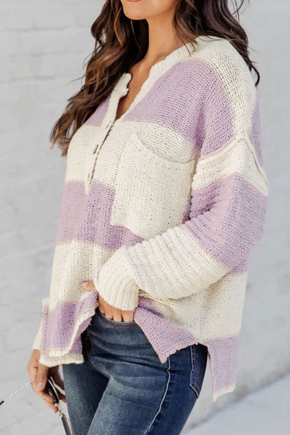 Striped Half Button Ribbed Sweater.