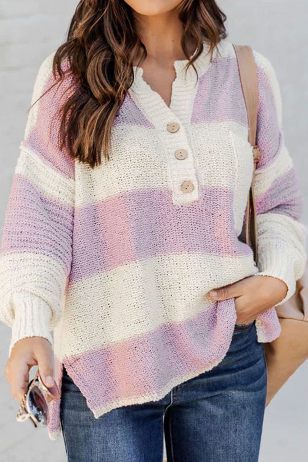 Striped Half Button Ribbed Sweater.