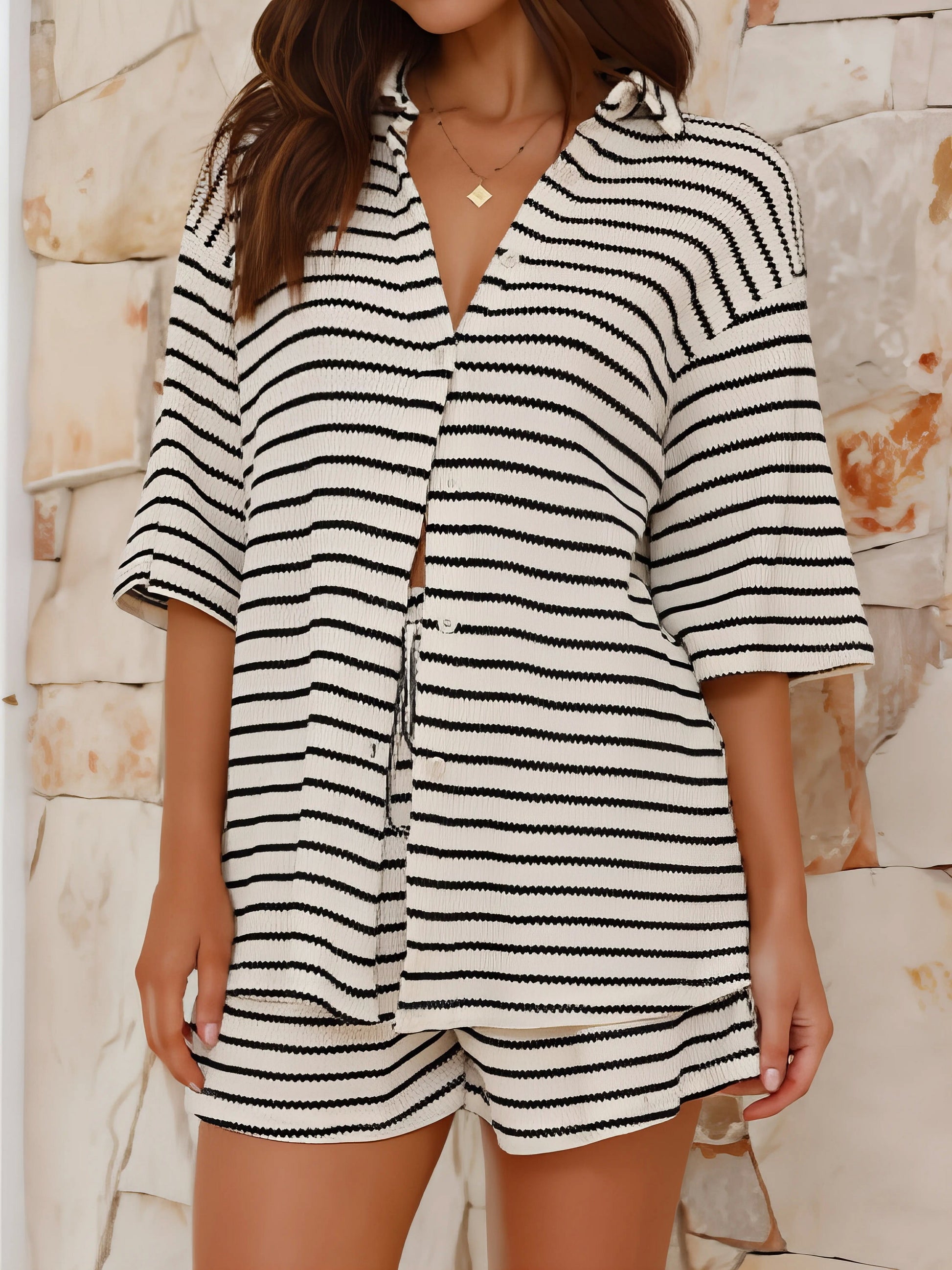 striped half sleeve top and shorts set, timeless look women's outfit, chic two-piece set, comfortable striped top, versatile shorts, simple and elegant casual wear