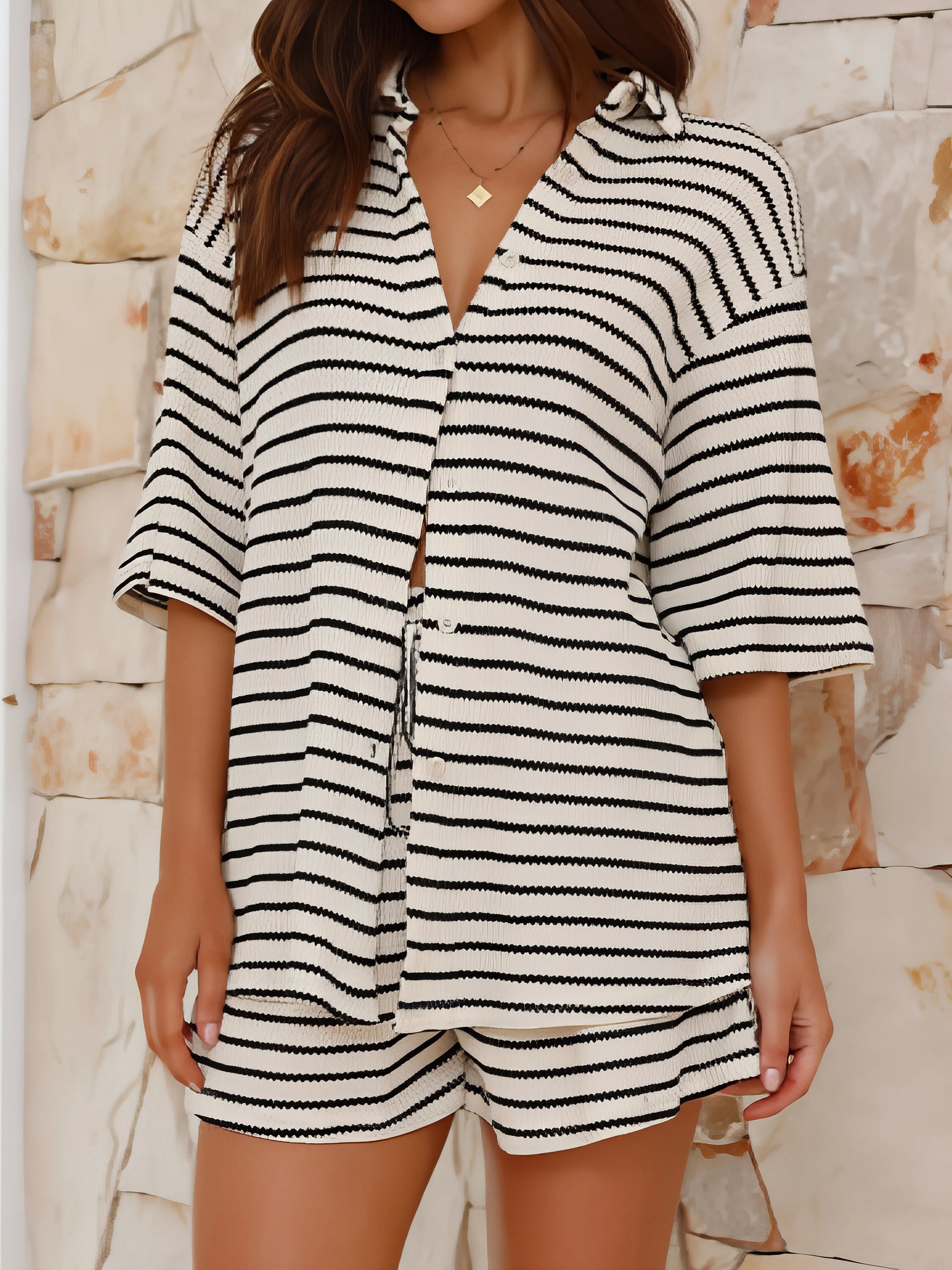 striped half sleeve top and shorts set, timeless look women's outfit, chic two-piece set, comfortable striped top, versatile shorts, simple and elegant casual wear
