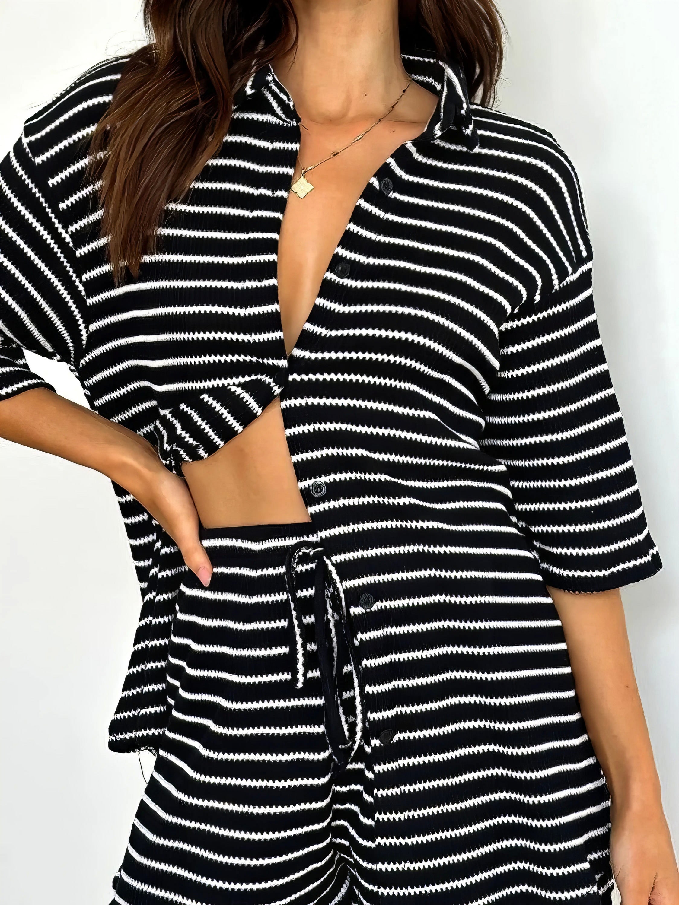 striped half sleeve top and shorts set, timeless look women's outfit, chic two-piece set, comfortable striped top, versatile shorts, simple and elegant casual wear