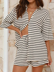 striped half sleeve top and shorts set, timeless look women's outfit, chic two-piece set, comfortable striped top, versatile shorts, simple and elegant casual wear