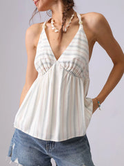 Striped halter neck cami with braided and crisscross smocked details.