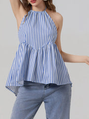 Striped halter neck cami with tie and backless high-low design.