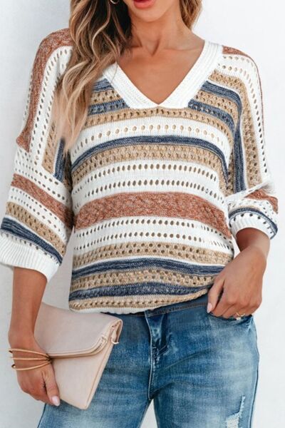 Striped Hollow Out Half Sleeve Knit Top.