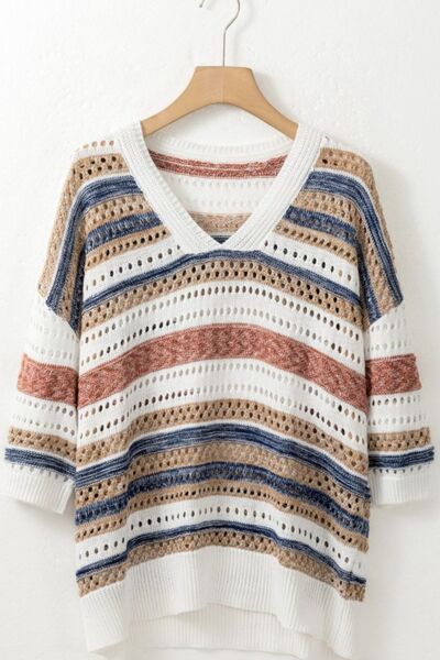 Striped Hollow Out Half Sleeve Knit Top.